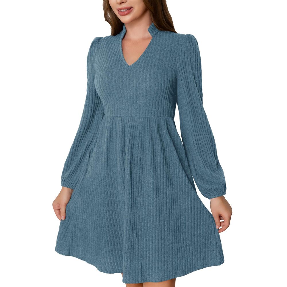 4422 Fall Dresses Cute Balloon Long Sleeve V Neck Casual A-Line Swing Mini